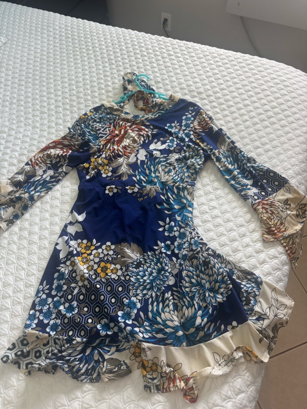 Navy Floral Bell Sleeve Dress with Ruffle Hem